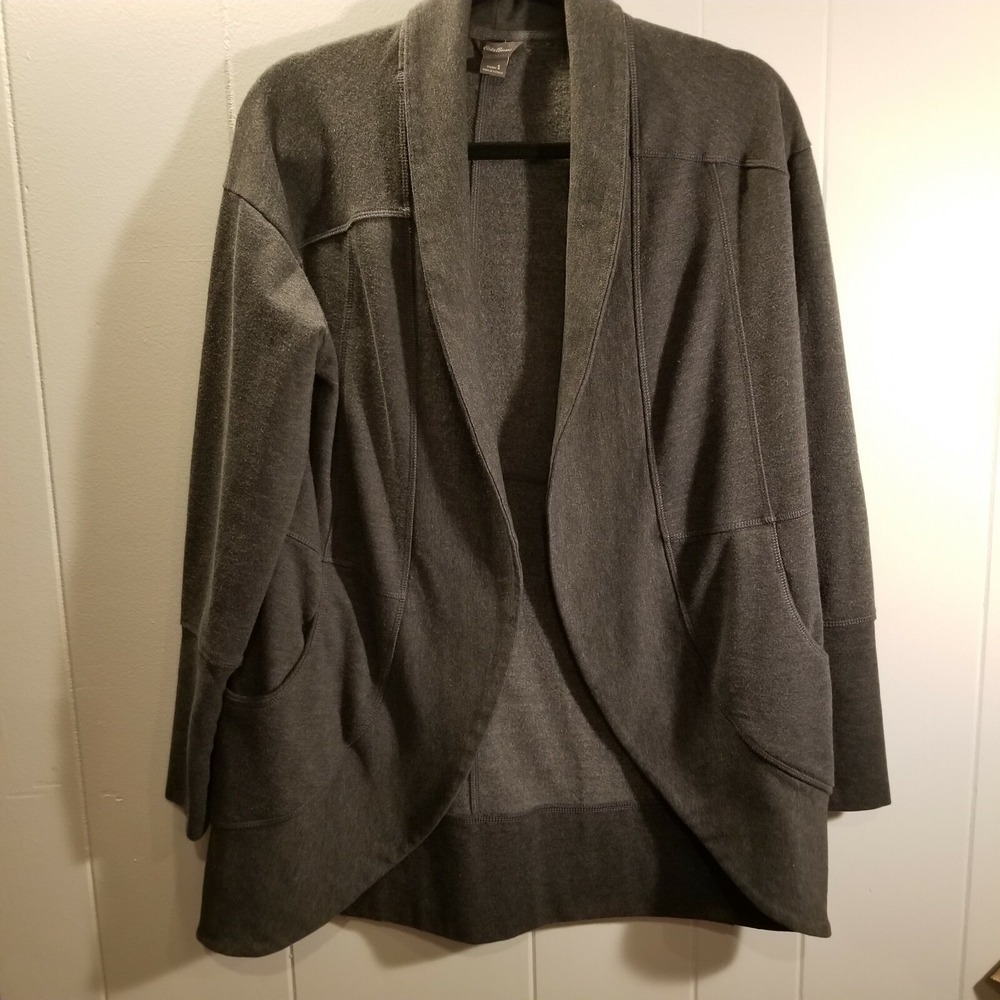 Eddie Bauer's Women S Sweatshirt Cardigan Sweater Gray Over Sized Shall Neck